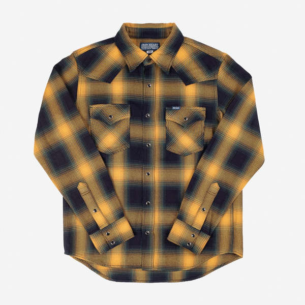 Iron Heart Selvedge Ombre Check Western Shirt - Yellow | Garmentory