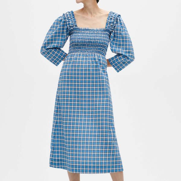 Ganni Seersucker Check Midi Dress - Azure