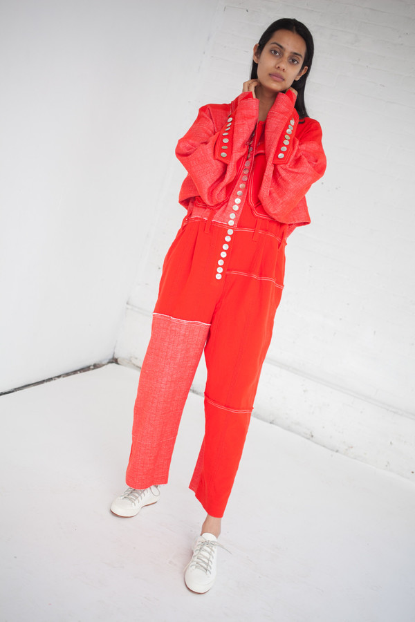 Luna Del Pinal Woven Stretch Cotton Jumpsuit in Red Garmentory