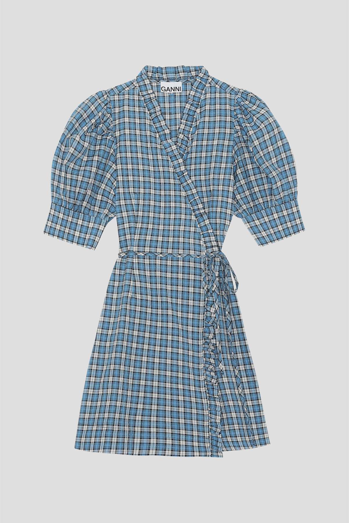 ワンピース GANNI Seersucker Check Dress Soft Chambray Blue Seersucker Check Midi Dress | GANNI US