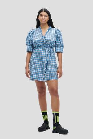 ganni blue seersucker check mini dress Ganni Oversized Seersucker Mini Dress