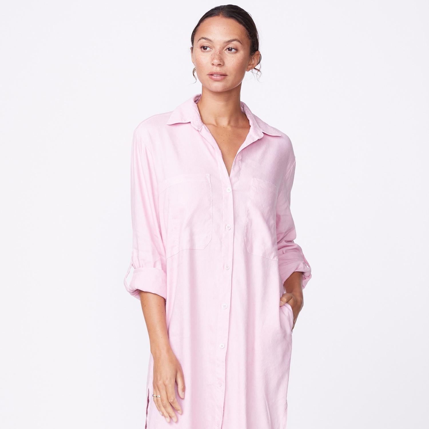 Monrow Linen Shirt Dress - Bubblegum | Garmentory Monrow Linen Shirt Dress - Bubblegum | Garmentory