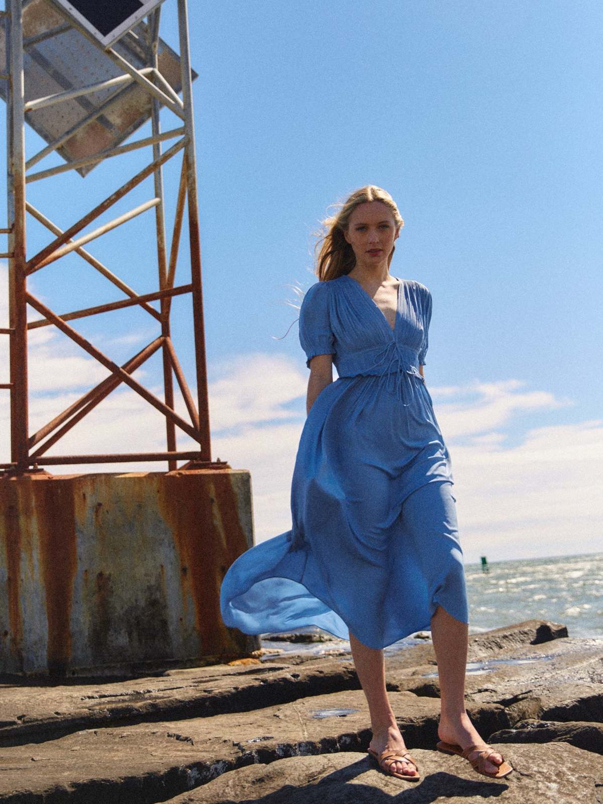 Current Air Neck Tie Pleated Dress - Dusty Blue | Garmentory Current Air Neck Tie Pleated Dress - Dusty Blue | Garmentory