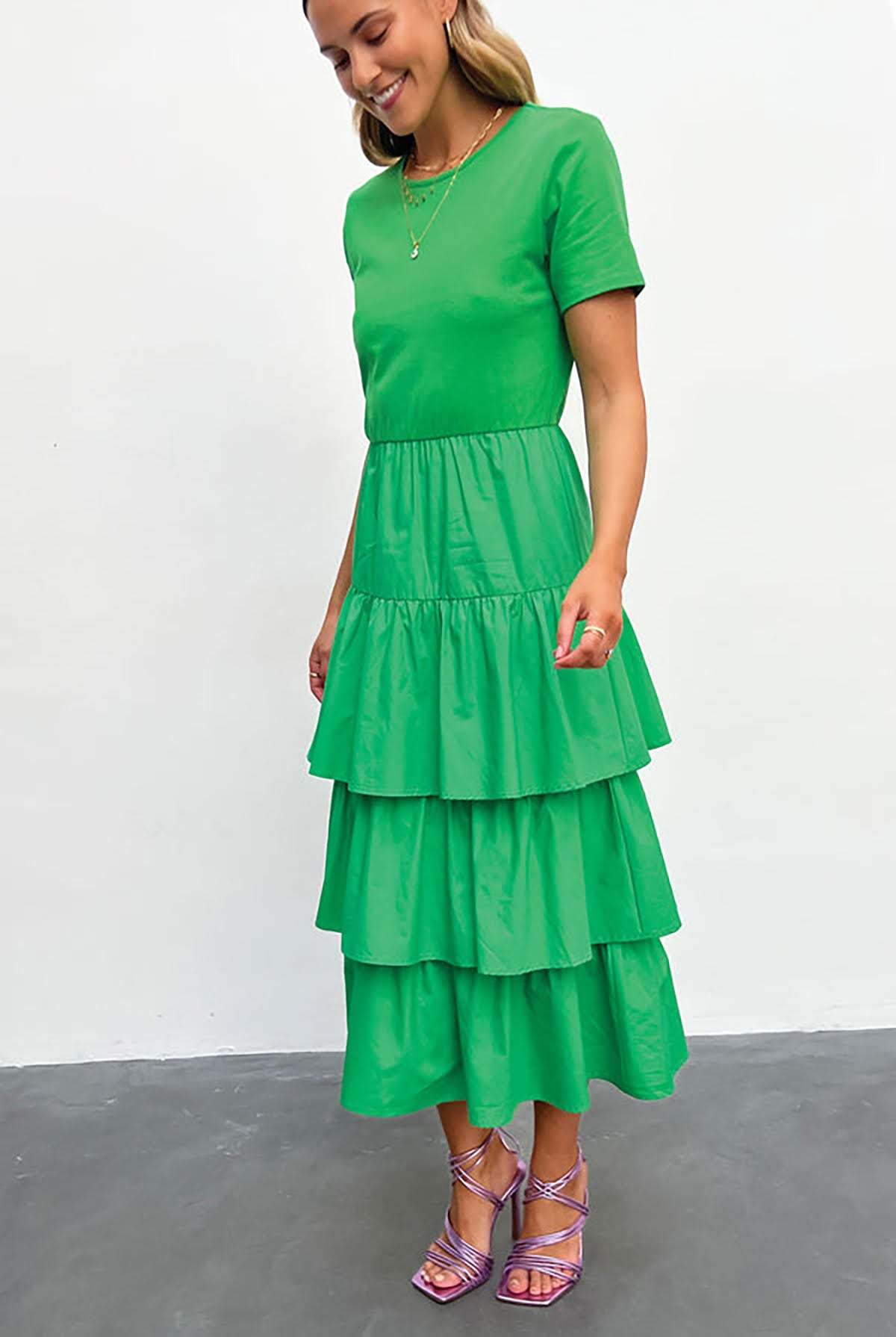 carrie green dress ELSIE PUFF STATEMENT DEEP V AND SLEEVE WRAP OVERLAY MIDI DRESS