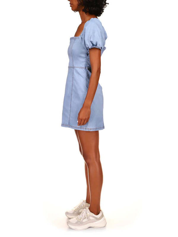 jean dress near me Denim Mini Dress with Crewneck, Bow Tie Back, Side Pockets & Straight Loose Fit – Antoina Dress by EASY CLOTHES – Size M main image 1