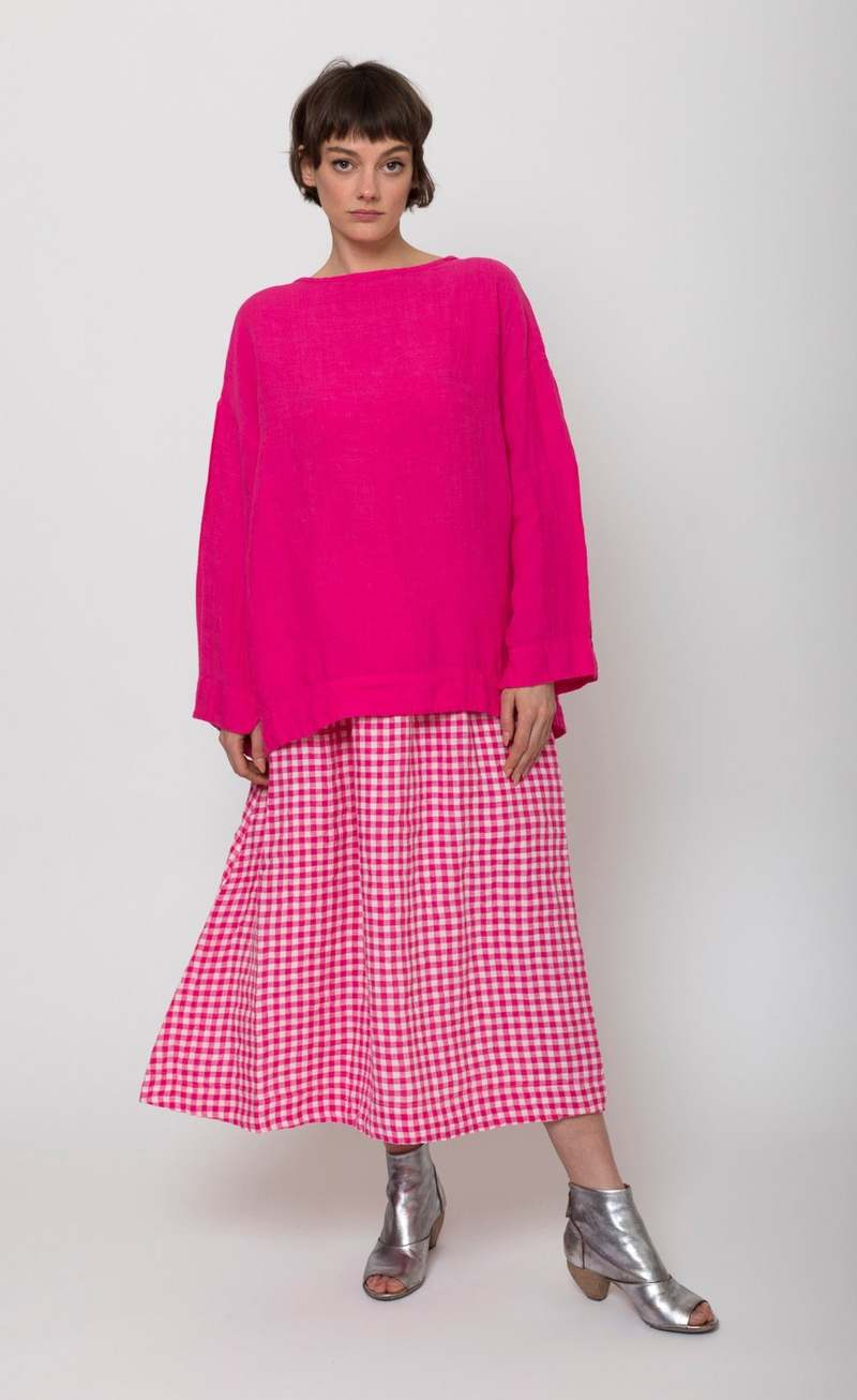 ICHI ANTIQUITES Woven Linen Gingham Skirt - White/Pink | Garmentory