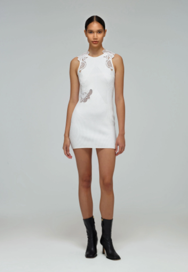 Self-Portrait Inserted Lace Knit Dress - white | Garmentory