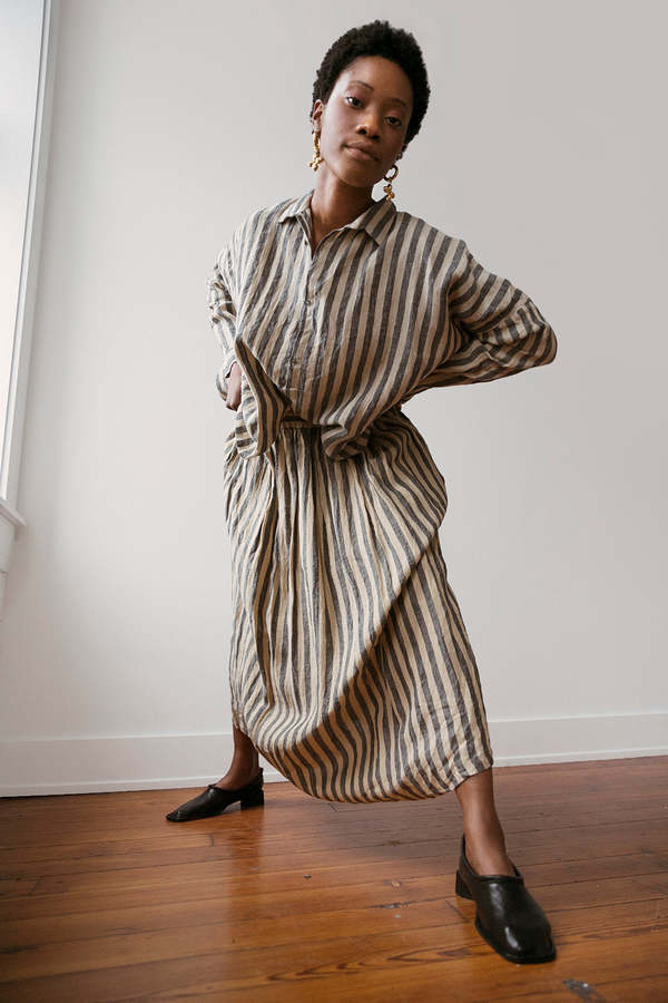 ICHI ANTIQUITES Linen Stripe Skirt - Beige | Garmentory