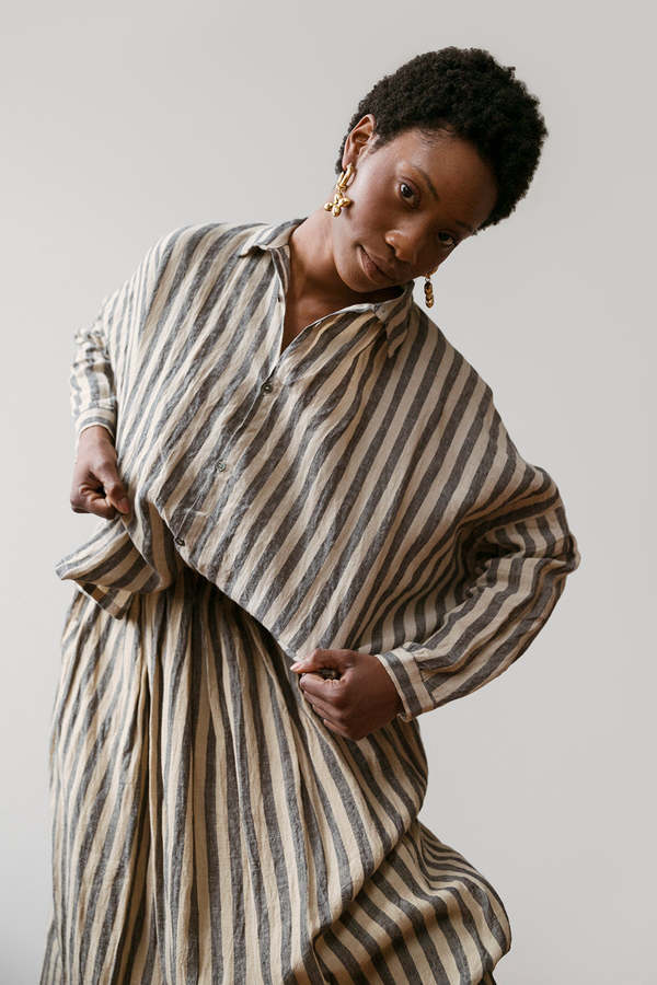 ICHI ANTIQUITES Linen Stripe Skirt - Beige | Garmentory