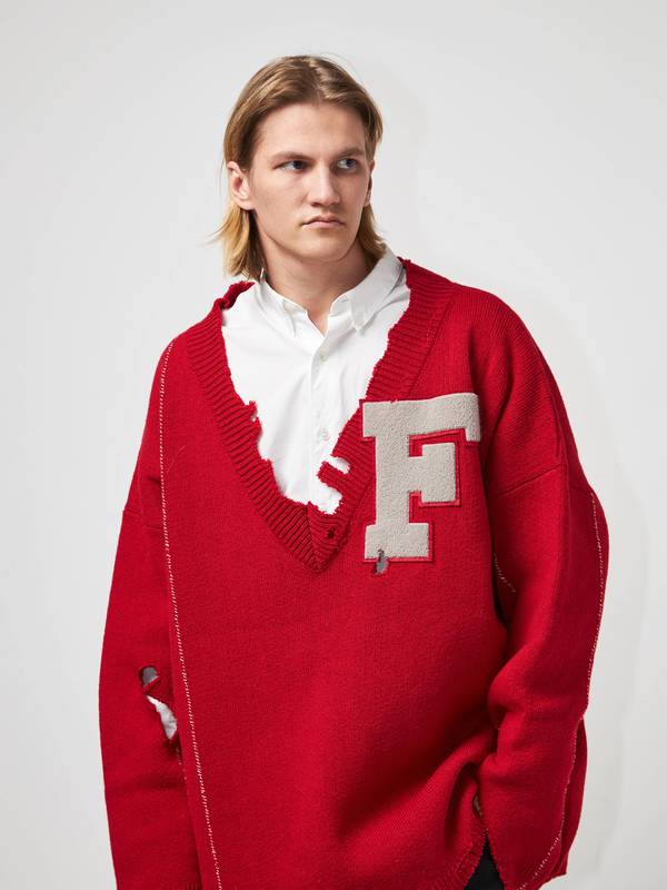 Pre - Loved] Raf Simons M Red V Neck Front F Patch Seam Details