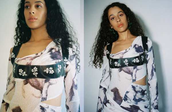 Yuhan Wang Floral Print Leather Bra | Garmentory