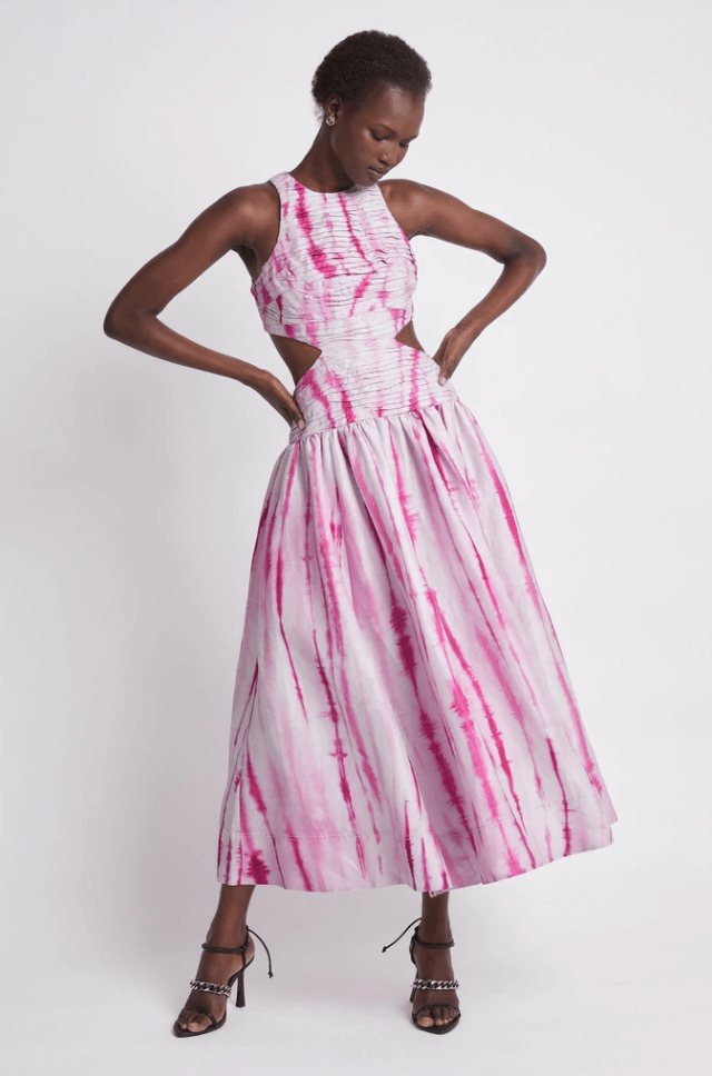 open lace back dress Zara Pink Tie Dye Linen Sleeveless Midi Dress