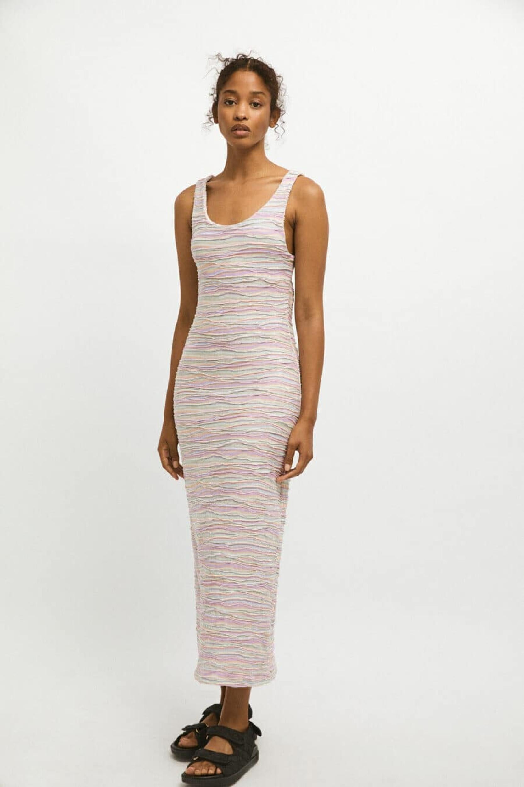 strapless open back dress Through The Fields Pink Multi Stripe Cotton Midi Dress
