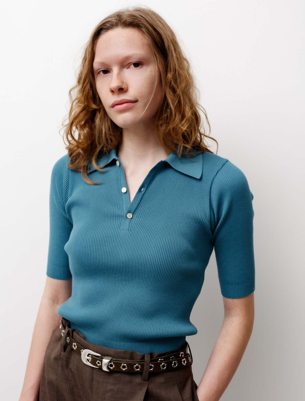 Auralee Giza High Gauge Rib Knit Polo - Blue | Garmentory