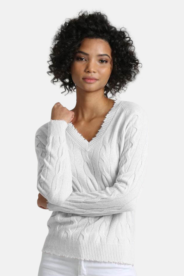white frayed sweater