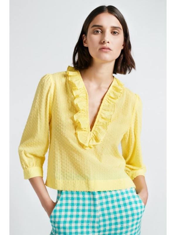 Smythe Deep V Ruffle Blouse - Lemon