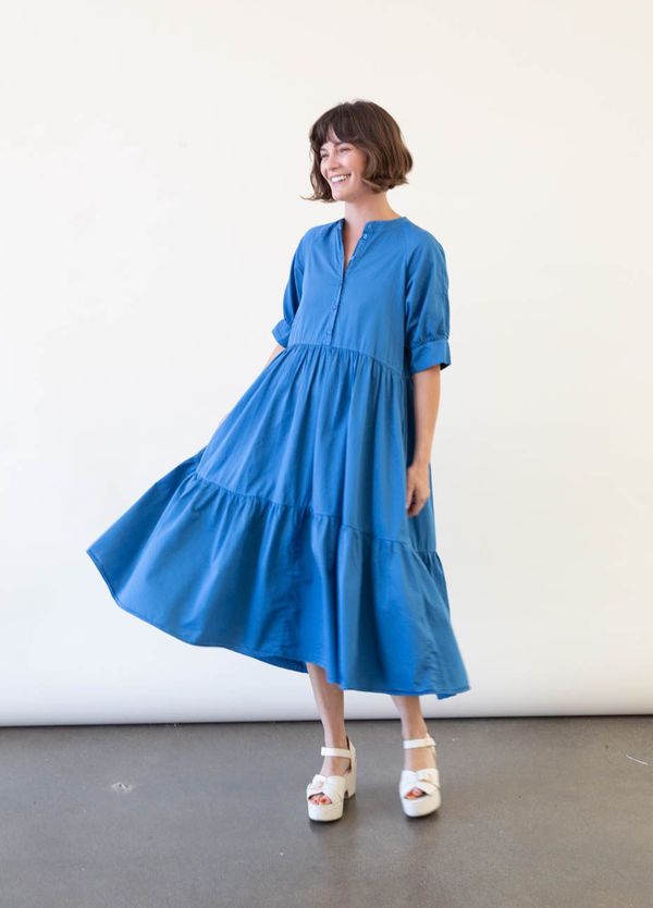 zara blue tiered dress Zara Blue Cotton Oversized Tiered Poplin Midi Dress Size XS