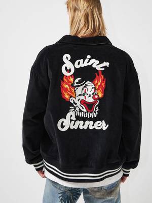 SAINT MICHAEL CORDUROY JACKET Black ピエロ Pre-Loved] Saint Michael M Corduroy Front Logo Back Clown Printed