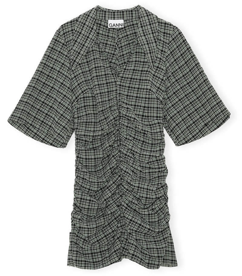 【送料関税込】GANNI Seersucker Check V-Neck Mini Dress Ganni Short Sleeve Seersucker Check V-neck Mini Dress In