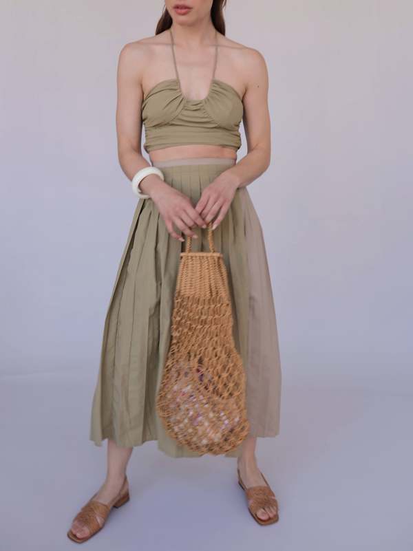 Moon River Pleated Halter Crop Top - Olive | Garmentory