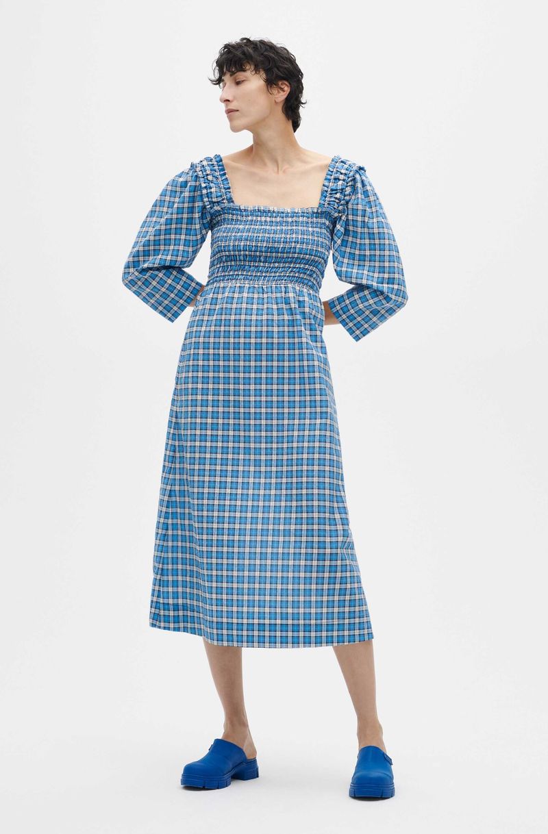 【GANNI】dress Glacier Lake Blue Floral Printed Cotton Long Smock Dress
