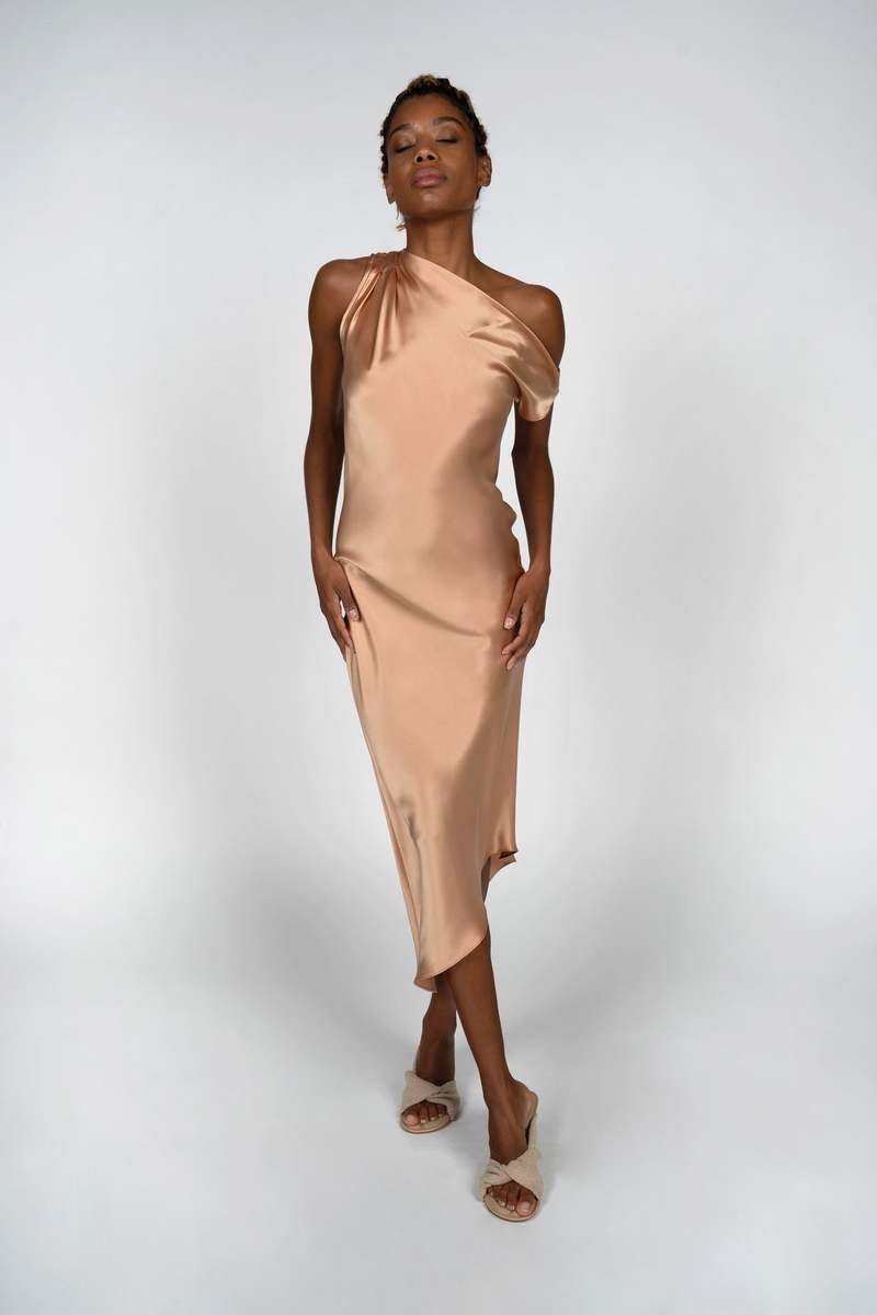 KES Asymmetric Draped Shoulder Full Length Dress - Terracotta | Garmentory KES Asymmetric Draped Shoulder Full Length Dress - Terracotta | Garmentory