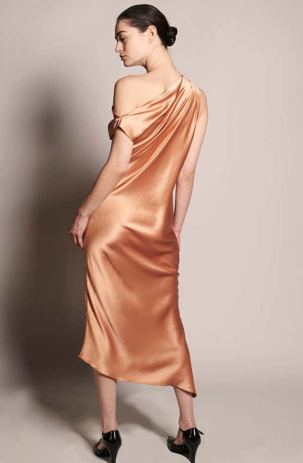 KES Asymmetric Draped Shoulder Full Length Dress - Terracotta | Garmentory KES Asymmetric Draped Shoulder Full Length Dress - Terracotta | Garmentory