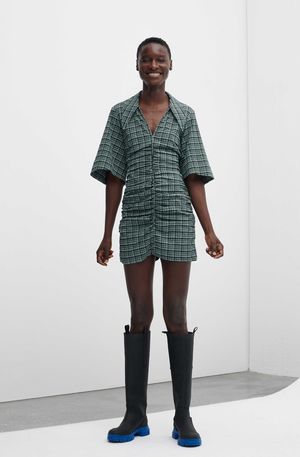 Ganni Stretch Seersucker Gathered V-neck Mini Dress - Mini Check Green Bay | Garmentory Ganni Stretch Seersucker Gathered V-neck Mini Dress - Mini Check Green Bay | Garmentory