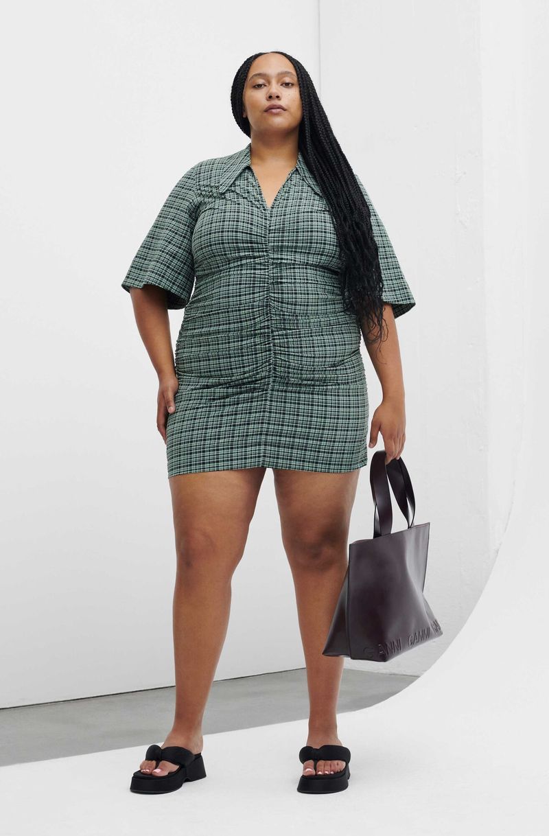 Ganni Stretch Seersucker Gathered V-neck Mini Dress - Mini