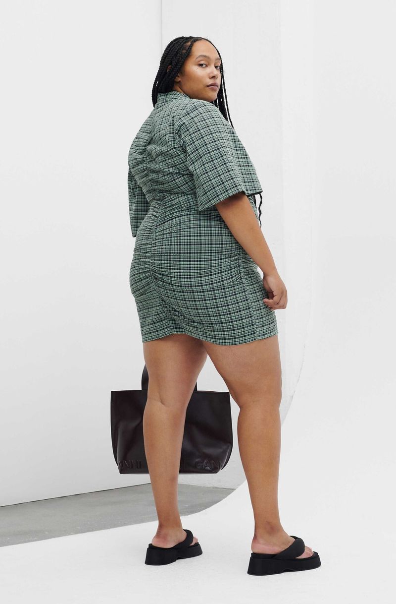 Ganni Stretch Seersucker Gathered V-neck Mini Dress - Mini