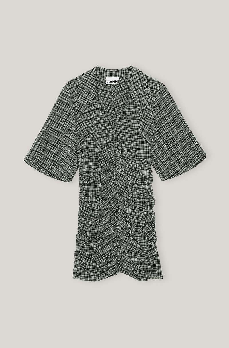 Ganni Stretch Seersucker Gathered V-neck Mini Dress - Mini