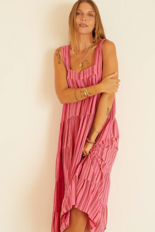 strapless open back dress Miss Circle Women Zania Pink Stripe Ruched Breast Cotton Jacquard Midi Dress