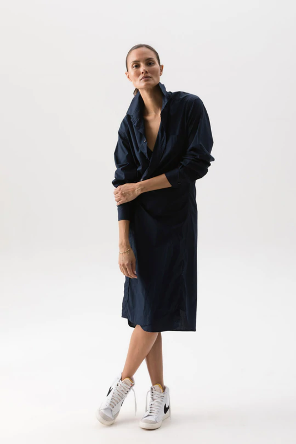 knee length dresses for ladies Sail to Sable Navy Button Front Midi Shirt Dress Navy POEONY / XXS / F25217S