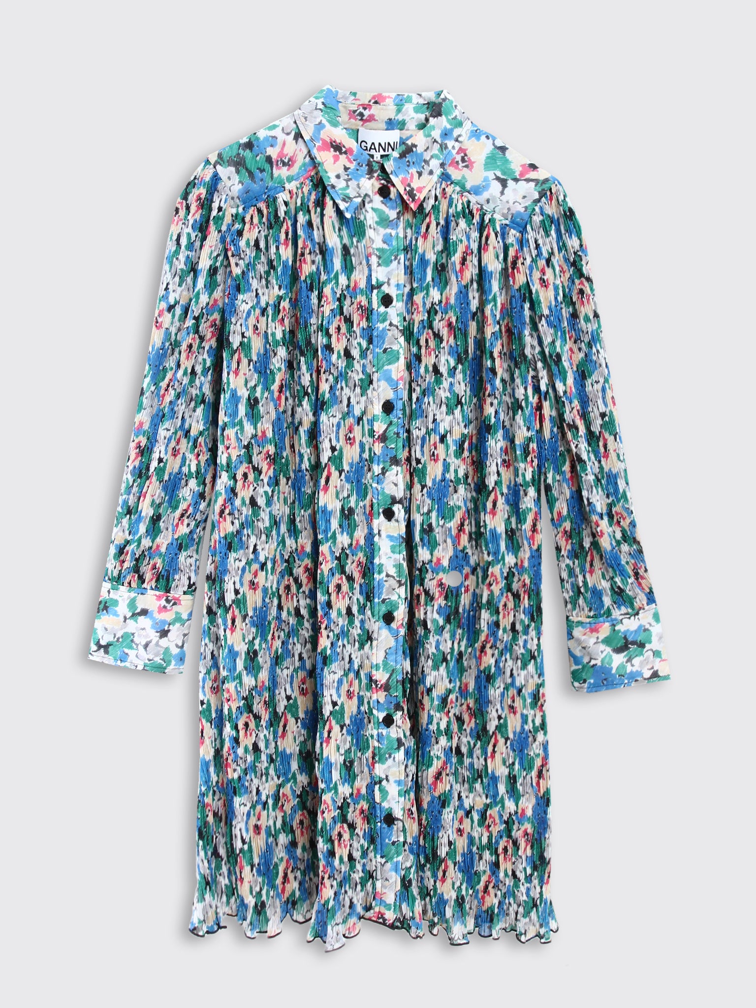 Ganni Pleated Georgette Wide Mini Shirt Dress - Floral Azure Blue Ganni Pleated Georgette Wide Mini Shirt Dress - Floral Azure Blue