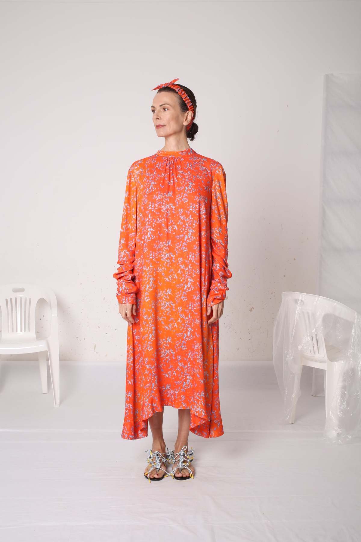 InShade Flared Dress with Stand up Collar and Draped Sleeves - Orange |  Garmentory