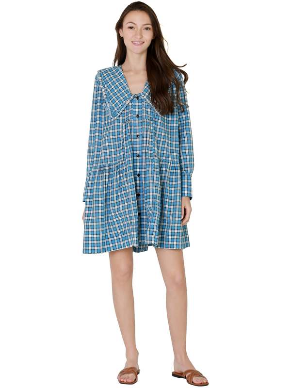 Ganni ■Seersucker Check Mini Smock Dress - Sky Blue Soft Chambray Blue Seersucker Check Mini Smock Dress | GANNI US