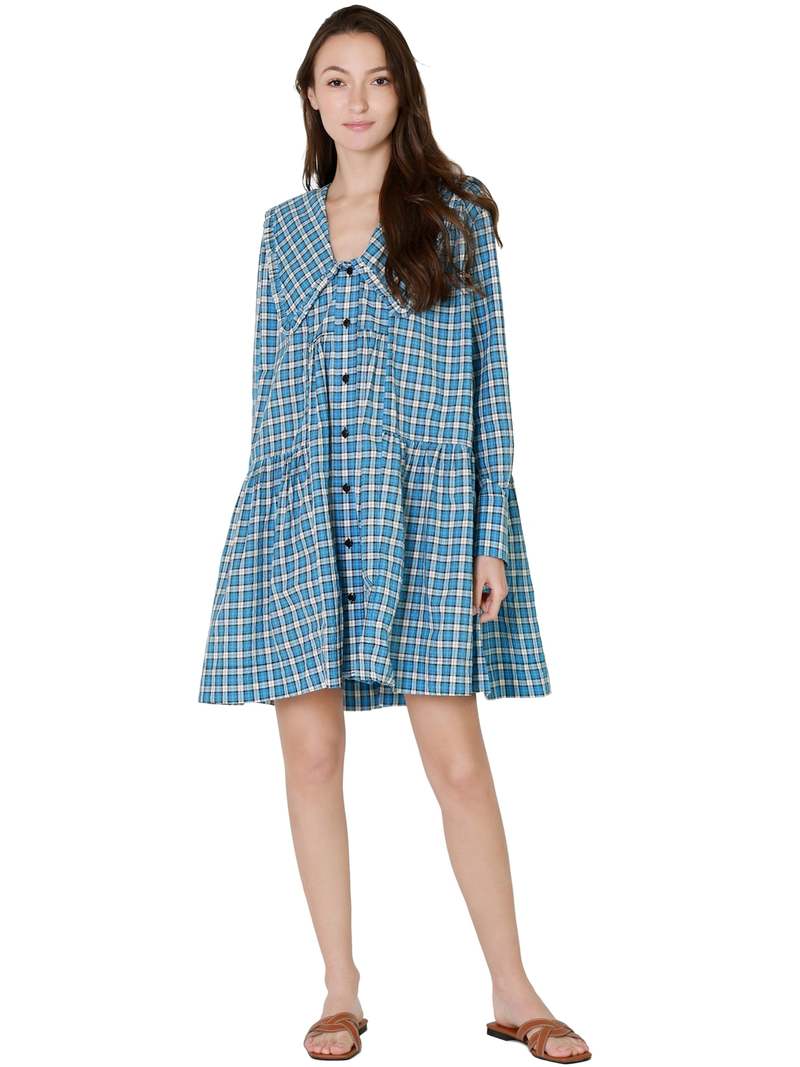 Ganni Oversized Seersucker Mini Dress - Check Azure Blue