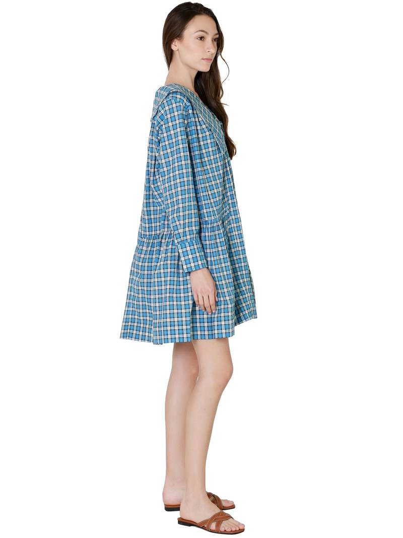 Ganni Oversized Seersucker Mini Dress - Check Azure Blue