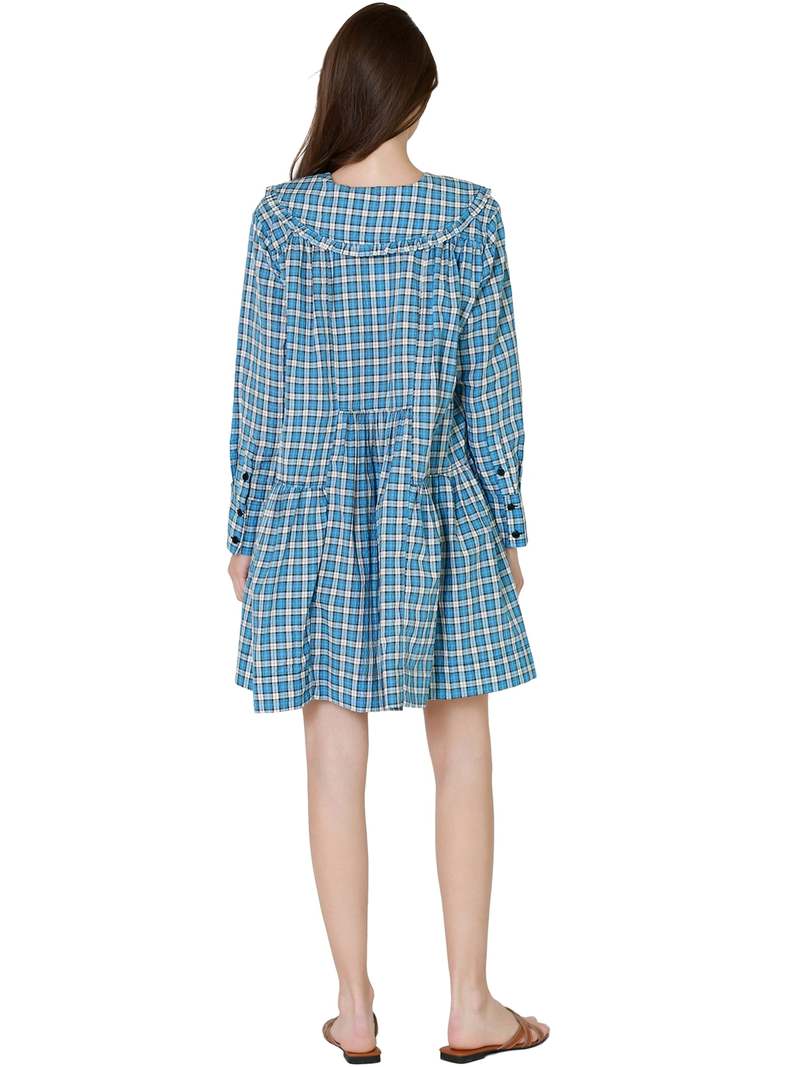 Ganni ■Seersucker Check Mini Smock Dress - Sky Blue Soft Chambray Blue Seersucker Check Mini Smock Dress | GANNI US