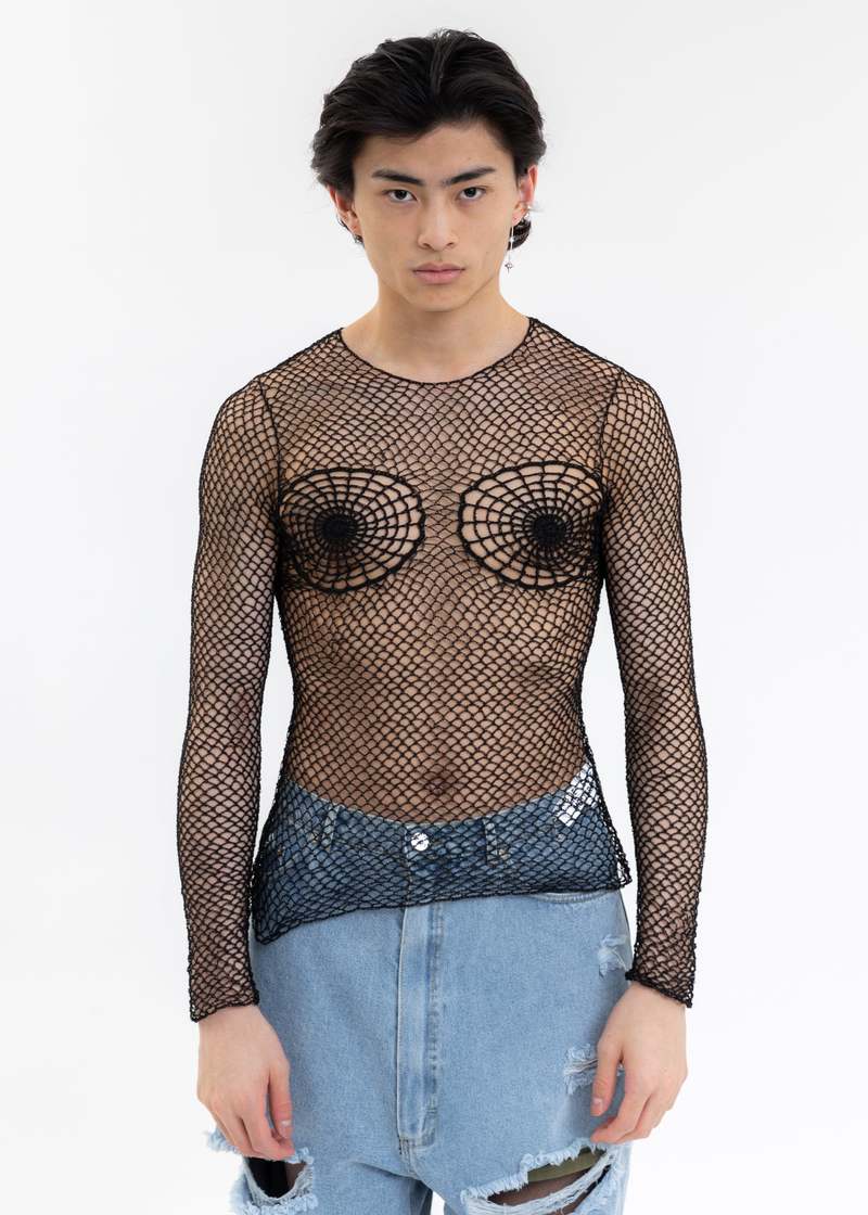black crochet long sleeve top