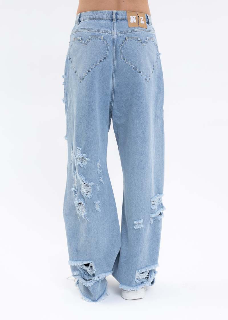 Natasha Zinko PIXEL HEART DENIM RAGGED JEANS - blue | Garmentory