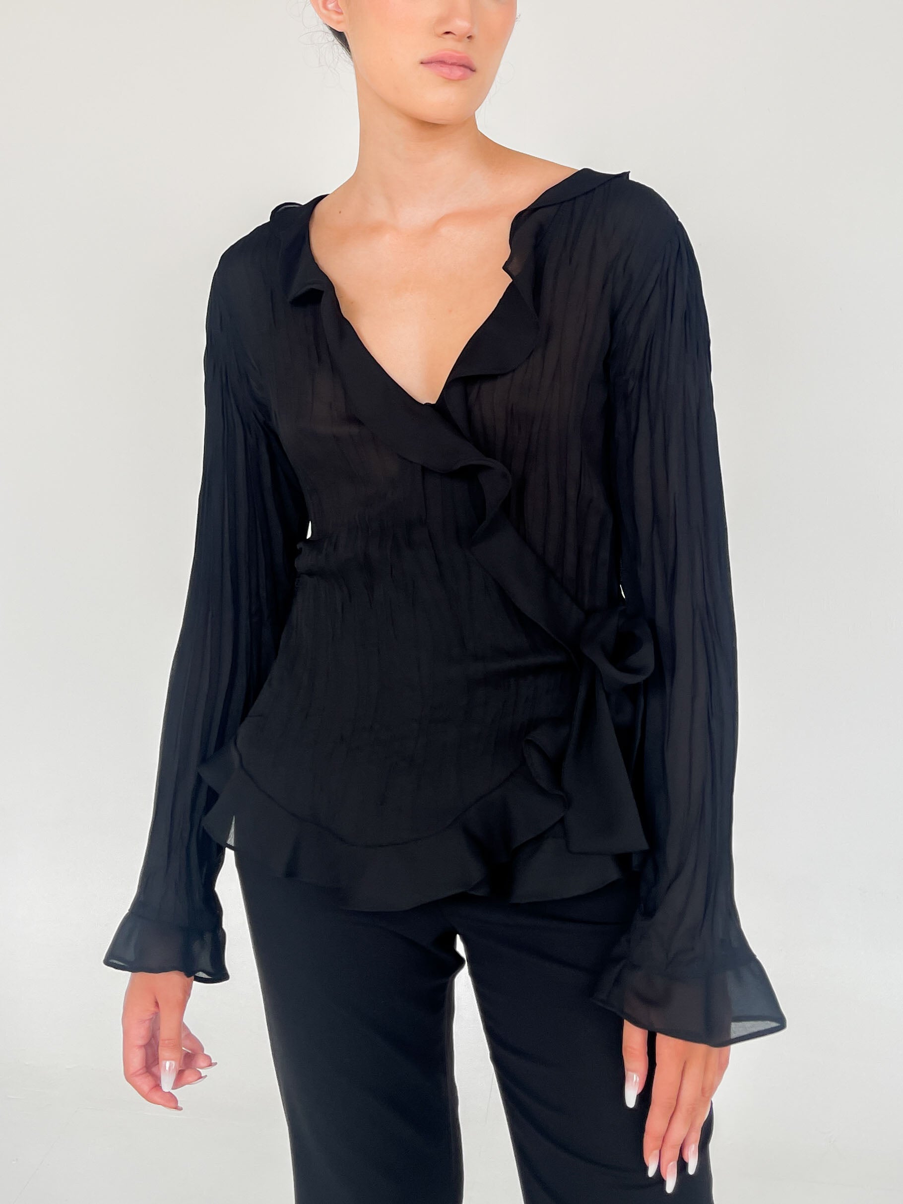 Pleated Sheer Wrap Blouse Black Garmentory