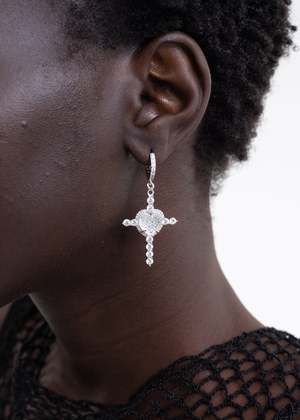 Department Single Cross Earring - Withe Heart/Rhinestone