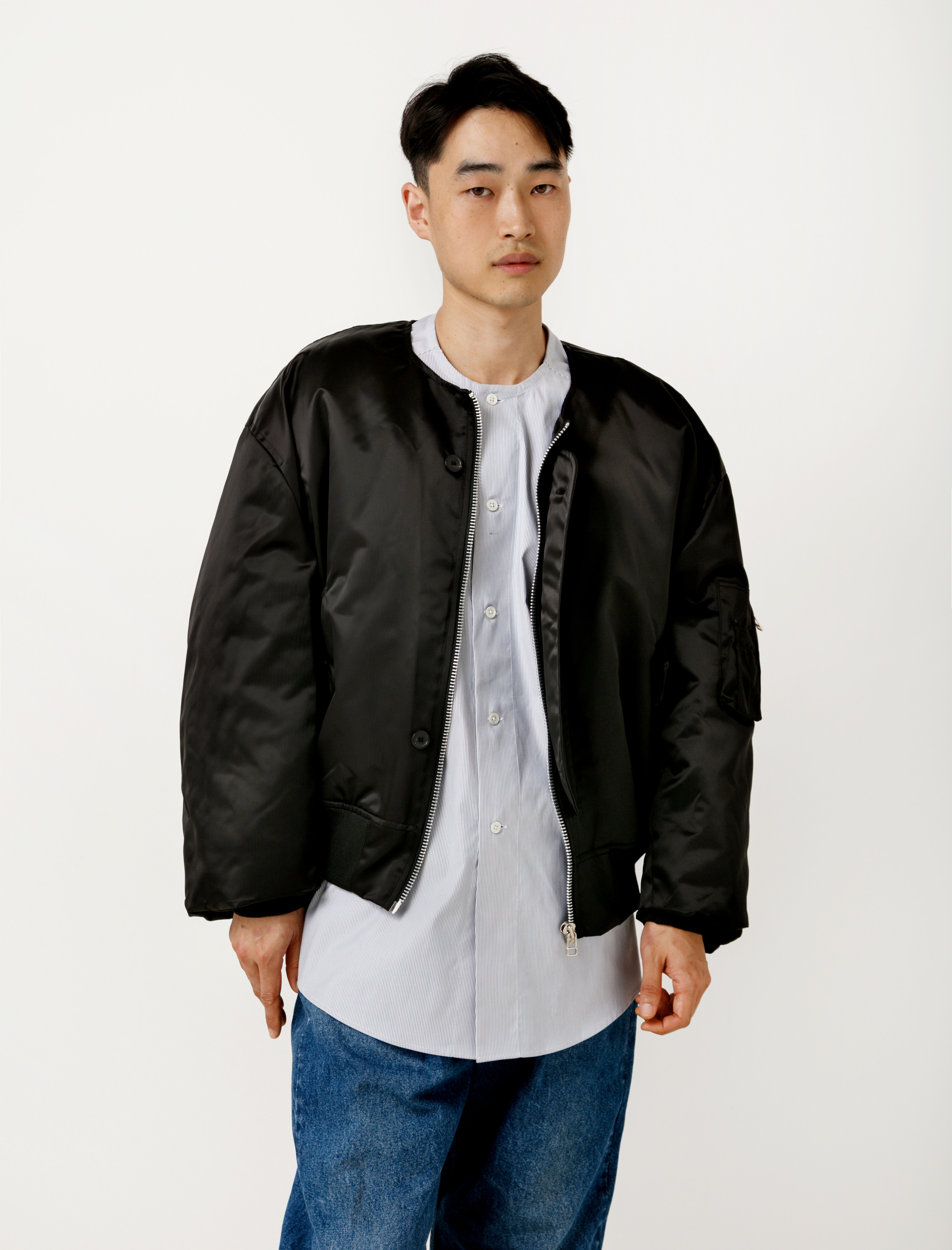 collarless bomber jacket