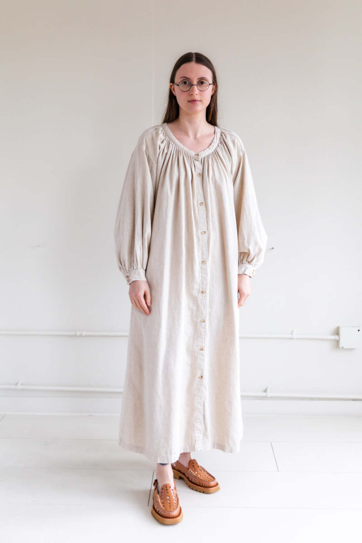 knee length dresses for ladies Short Sleeve Button Front Smock Dress - Round Neck, Summer - Pure White main image 1