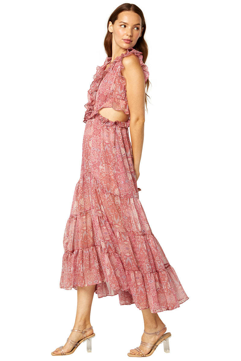 more to come natasha ruffle midi dress MISA Natasha Midi Dress Women Large Pink Floral Cut Out Ruffle V-Neck Sheer