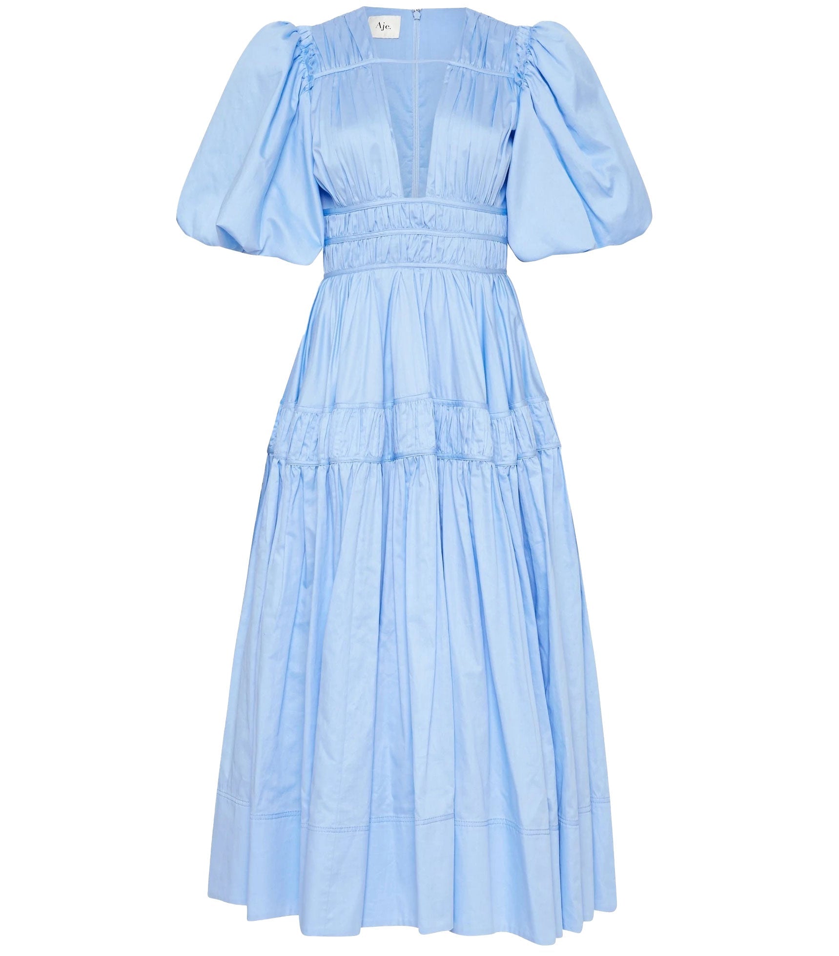 Aje Fallingwater Gathered Midi Dress - Powder Blue | Garmentory Aje Fallingwater Gathered Midi Dress - Powder Blue | Garmentory