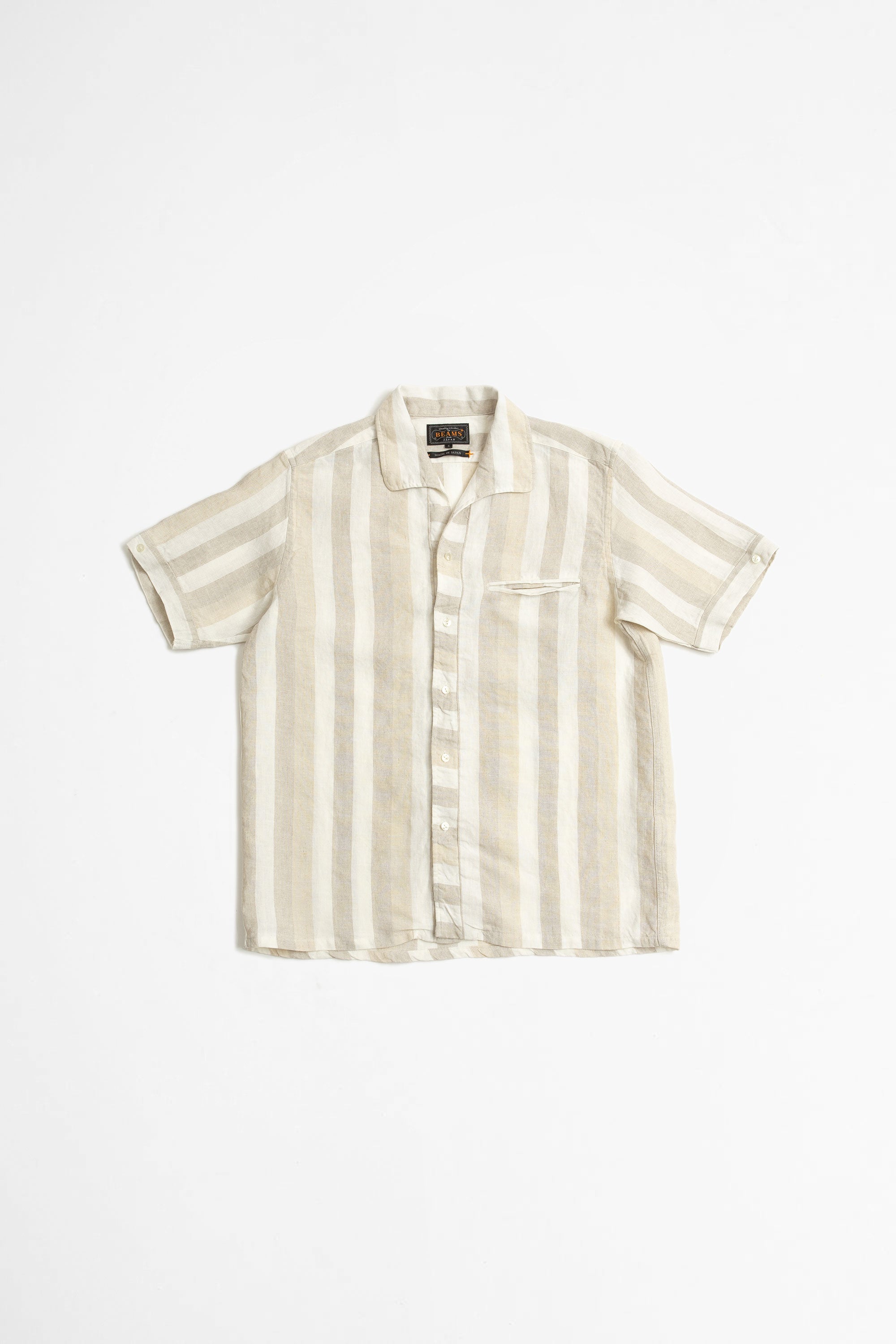 Beams Plus Italian Collar Linen Shirt - Natural/Stripe