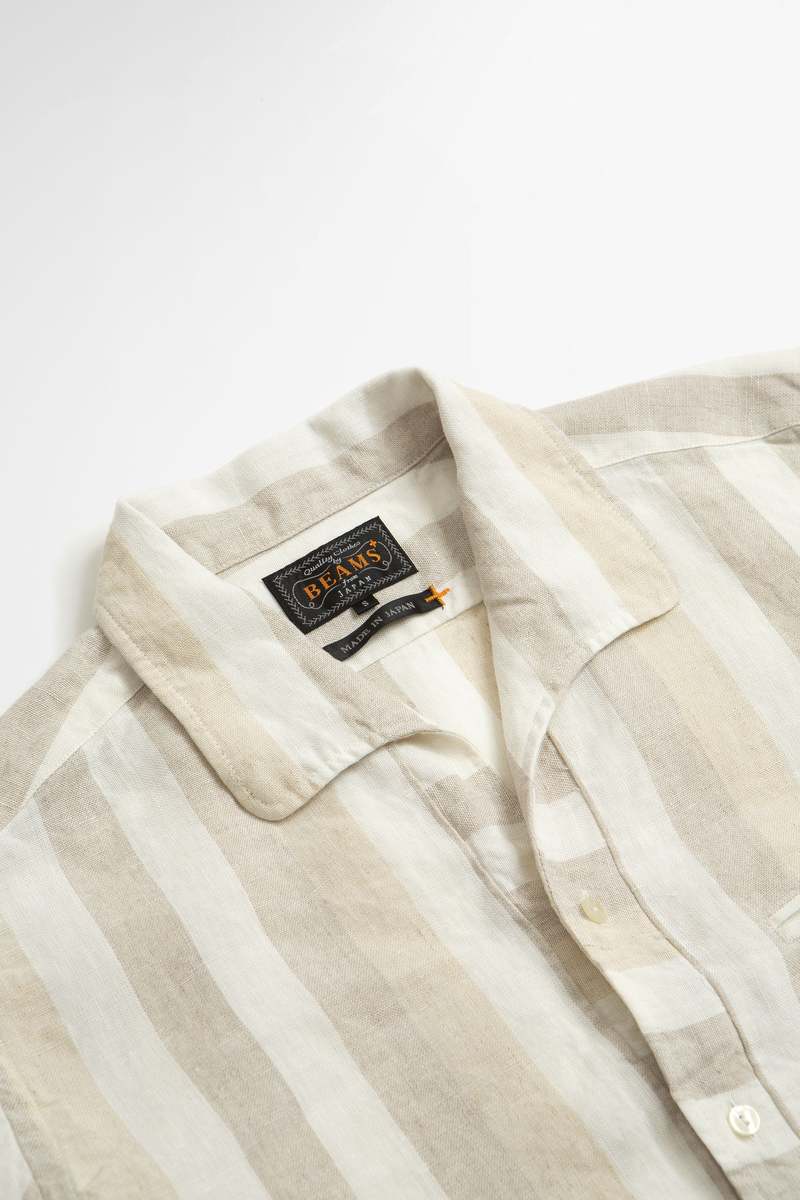 Beams Plus Italian Collar Linen Shirt - Natural/Stripe