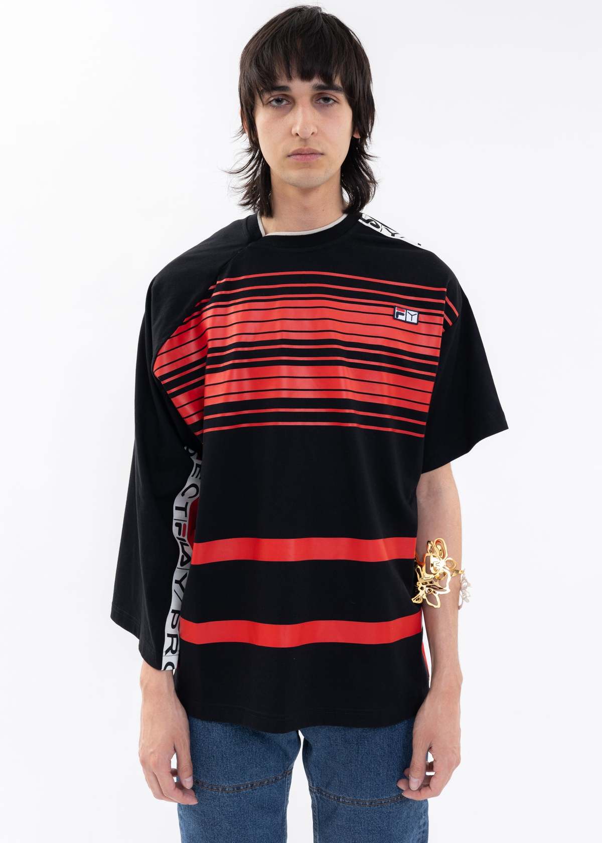 Y/PROJECT X FILA REVERSIBLE STRIPE T-Shirt - Red And Black